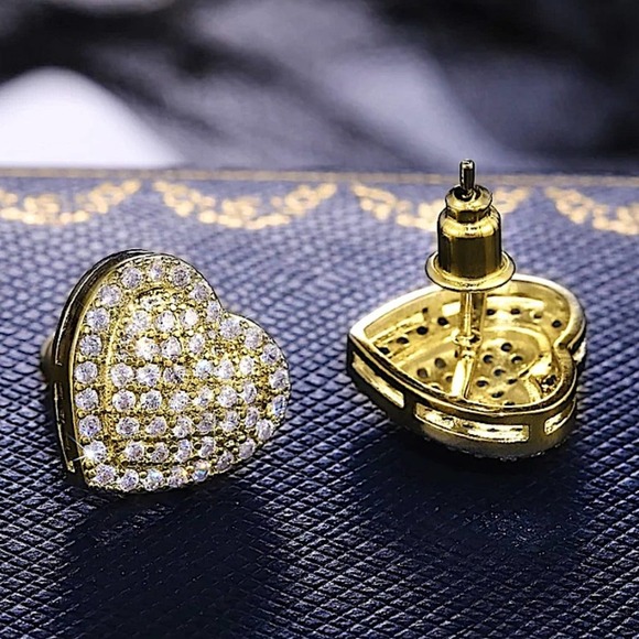 Gold Zircon Pave Heart Stud Earrings - Picture 1 of 1